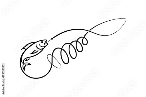 Fish Caught On Fishing Line In Minimalistic Line Art Style Illustration