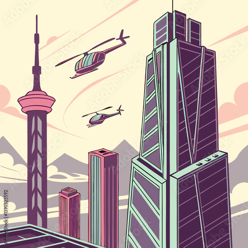 Cityscape with skyscrapers and helicopters in the sky