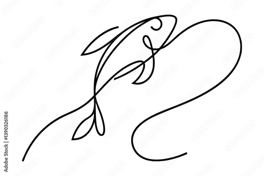 Obraz premium Elegant Single Line Drawing Of A Flowing Fish On A White Background