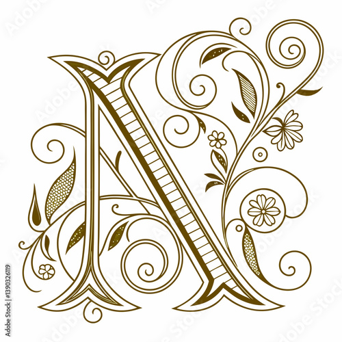 Letter n decorated with floral ornaments in brown color