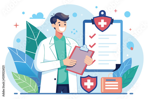 A cartoon doctor smiles while holding a clipboard with checkmarks. A larger clipboard with a checklist and a medical shield sits behind him.