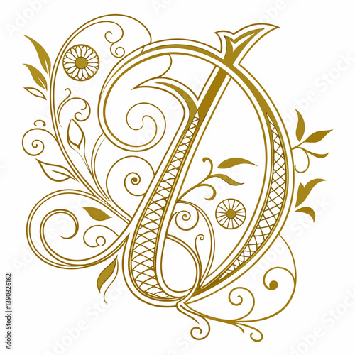 Golden letter d with floral ornaments elegant decoration