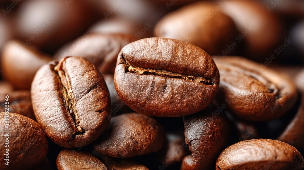 Naklejka premium Detailed macro shot of several roasted coffee beans, showing the texture and color.