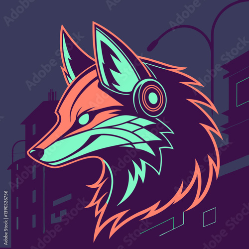 Illustration of a fox with headphones in an urban setting