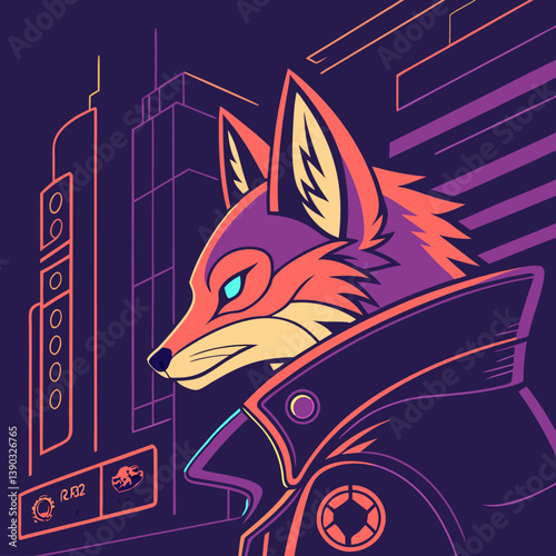 Stylized fox in a futuristic city with neon highlights