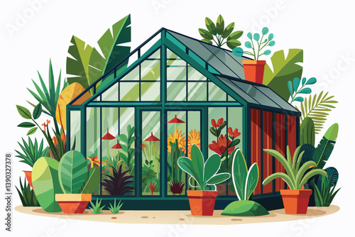 A colorful illustration of a glass greenhouse with many plants and flowers inside. The greenhouse is surrounded by a variety of tropical plants, including palm trees and ferns.