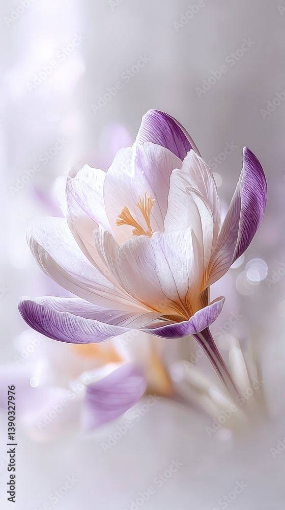 Fototapeta premium A delicate crocus flower in bloom, soft translucent petals in pale purple and light yellow, glowing gently in natural light. Dreamy and ethereal atmosphere, watercolor painting.