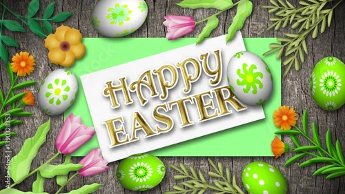 happy easter golden text animation with white and green easter eggs, colorful flowers, and old wooden planks. Animation of easter blessings and greetings.