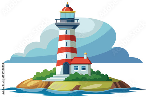 A cartoon illustration of a red and white striped lighthouse standing tall on a small island, with a small house and some trees. The sky above is cloudy.