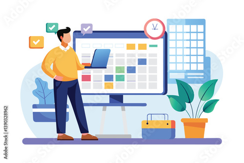 An illustration of a man standing in front of a large calendar with a laptop in his hand. The calendar is filled with colorful appointments, and the man is checking his schedule.