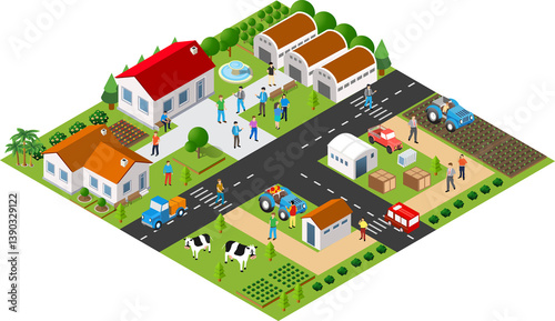 Farmers cultivating land and raising livestock in rural community isometric view