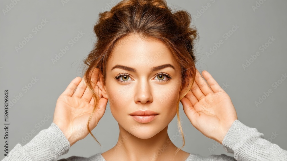 Fototapeta premium A woman with blonde hair holds her hands near her ears, listening intently with focus.