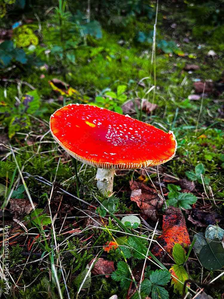 Close up of fly agaric or fly amanita (Amanita muscaria), a mushroom with red cap, white spots, white stem and white veil with focus on the rim of the cap Close up of fly agaric or fly amanita (Amanita muscaria), a mushroom with red cap, white spots, white stem and white veil with focus on the rim of the cap