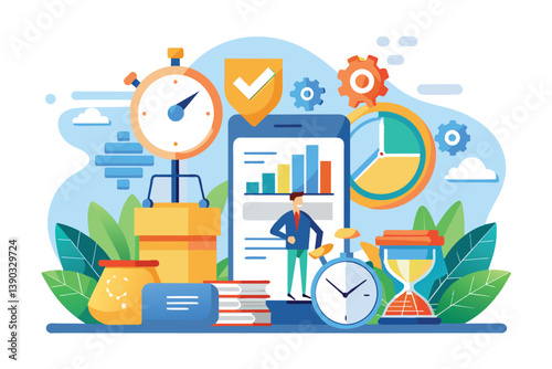A businessman analyzing data on a mobile phone surrounded by time management icons, emphasizing the importance of time management in business success.