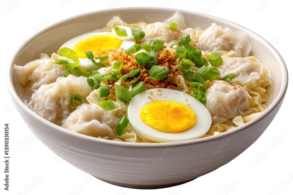 Wonton noodle soup with boiled eggs and green onions in bowl Wonton noodle soup with boiled eggs and green onions in bowl