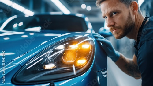 A mechanic inspecting a sleek blue sports car, checking the car's details in a modern workshop.