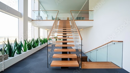 Wallpaper Mural A minimalist staircase design showcasing floating wooden steps and clear glass railings within a bright, contemporary interior space. Torontodigital.ca
