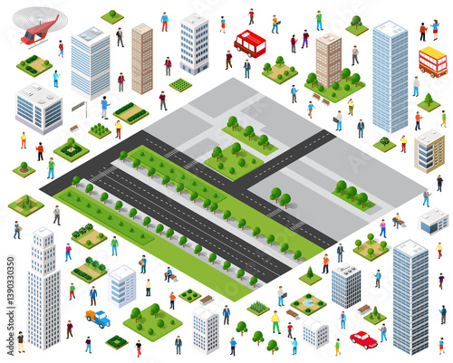 Citizens walking and driving in isometric city center with buildings and roads