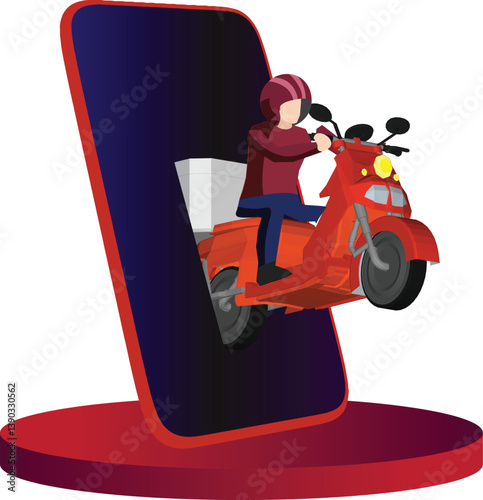 Rider delivers goods according to online orders. Freight forwarding business. Side view of rider speeding through mobile phone.