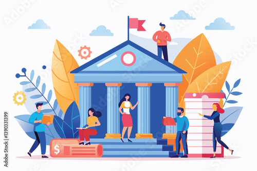 Cartoon illustration of students interacting and learning outside of a university building.