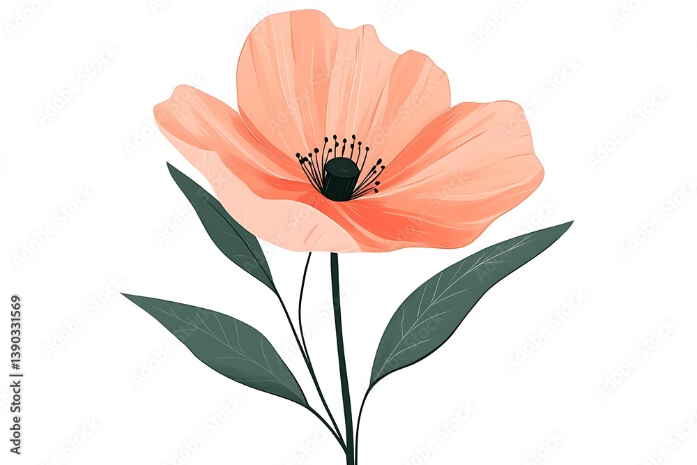 Naklejka premium Isolated Peach Poppy Blossom with Green Leaves and a Dark Center on White Background