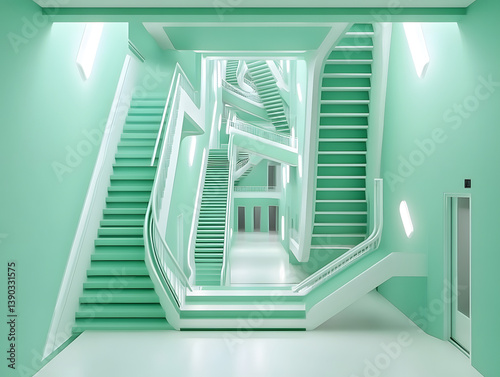 Modern Architectural Interior with Geometric Stairways and Minimalist Design