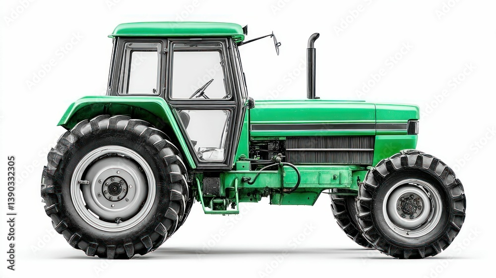 Fototapeta premium A detailed side view of a bright green tractor, isolated on a white background, showcasing power.