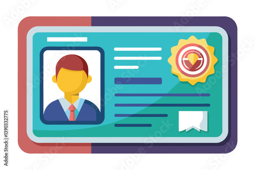 An illustration of a digital identification card with a mans profile picture and a seal of approval.