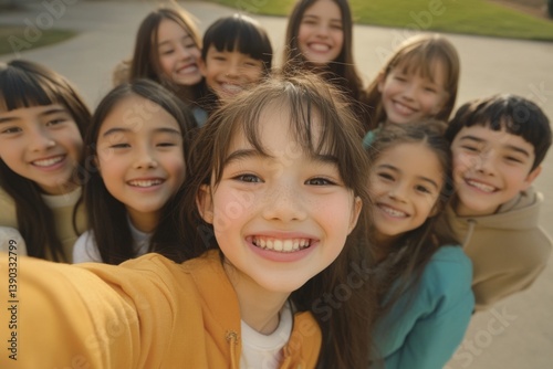 Smiling diverse group of kids taking a selfie outdoors during the day