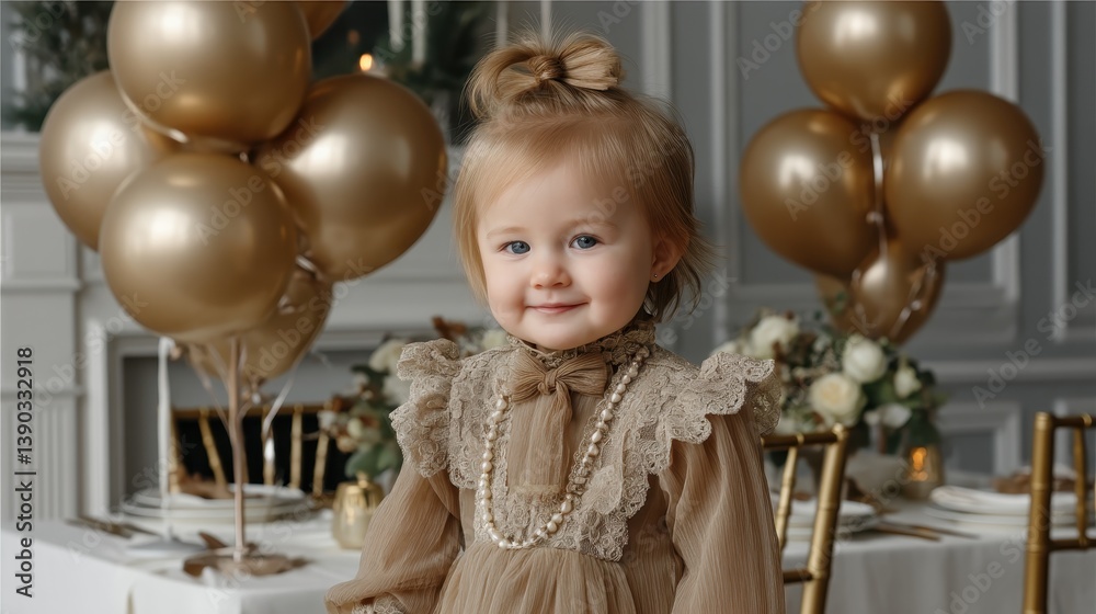 An adorable young girl in a fancy outfit smiling warmly for the camera, surrounded by elegant decorations for a celebration, radiating joy and innocence. An adorable young girl in a fancy outfit smiling warmly for the camera, surrounded by elegant decorations for a celebration, radiating joy and innocence.