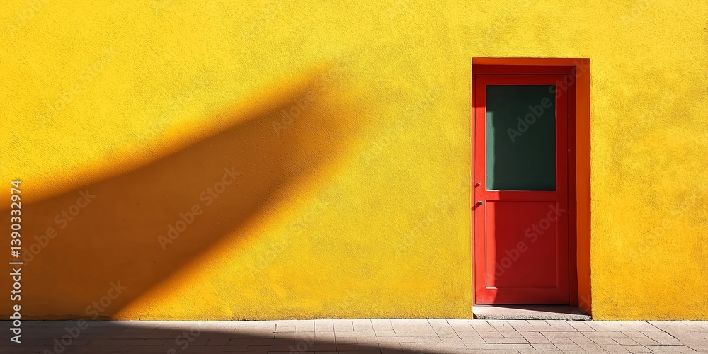 A vibrant yellow wall features a striking red door, accompanied by fascinating shadow patterns. Perfect for design.