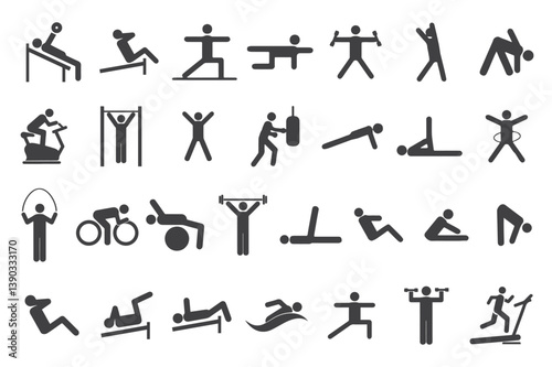 "A set of gym and fitness icons including workout equipment, exercises, and sports symbols, useful for health and fitness projects."
