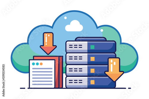 An illustration of a digital file being downloaded from a cloud server. The file is represented by a document icon, and the server is depicted as a stack of data storage units.
