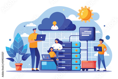 A cartoon illustration depicting people using laptops while working on a server rack connected to the cloud.