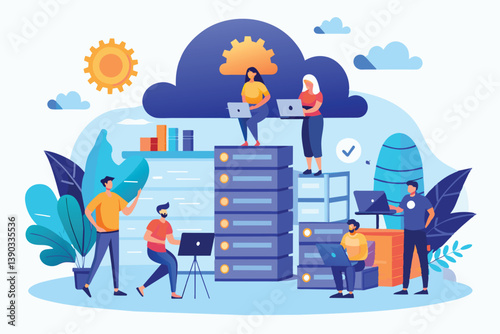 Illustration depicting a team of diverse individuals working together on cloud servers.