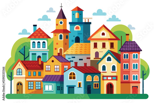 An image of a charming European village with colorful houses and a church with a steeple, surrounded by greenery.