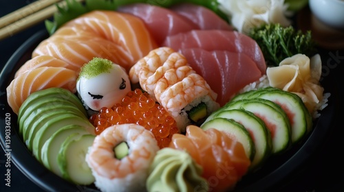 A beautifully arranged sushi platter featuring a variety of fresh sushi rolls and nigiri.