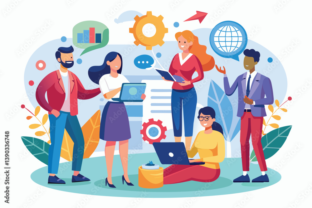 Diverse professionals are seen collaborating on a project using laptops and charts, showing teamwork, collaboration, and innovation. Diverse professionals are seen collaborating on a project using laptops and charts, showing teamwork, collaboration, and innovation.
