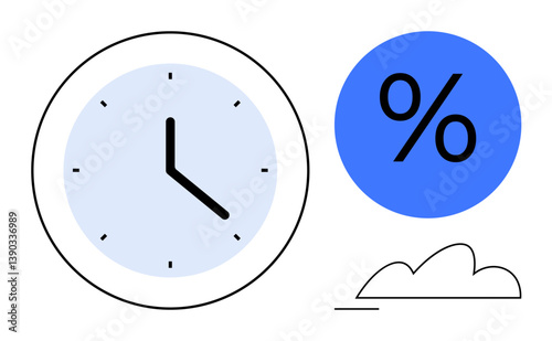 Clock representing time, percentage symbol for metrics, and cloud for flexibility. Ideal for productivity, work-life balance, goal tracking, analytics, efficiency, cloud-based systems flat simple