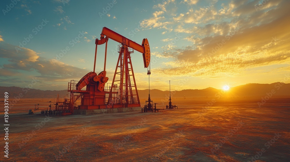 Fototapeta premium An oil extraction facility rises in a desert at sunset, with vibrant clouds and an orange sun reflecting the interplay between nature and industry.