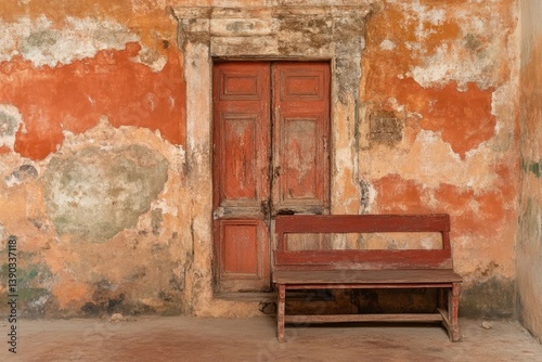 Aged building exterior with weathered wall, doorway and bench