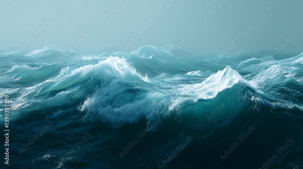 View of a turbulent ocean with large waves and white foam crests under a hazy sky in a seascape scene