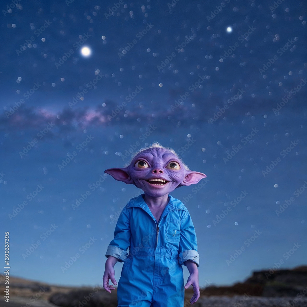 Fototapeta premium Fantasy character smiling joyfully against a starry night sky 