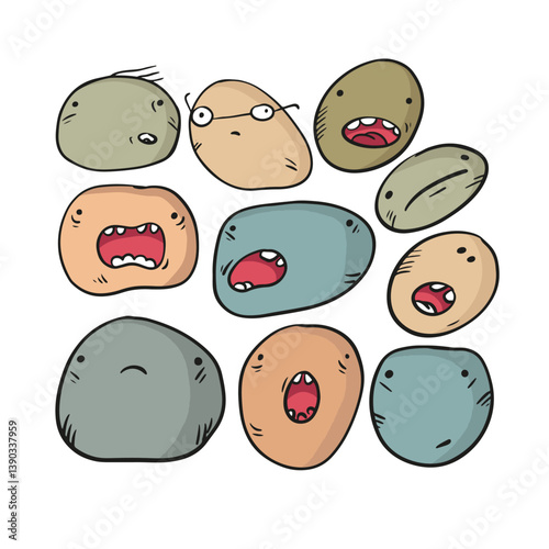Doodle faces with different emoji. Hand drawn sketch illustration.  Cute smiles