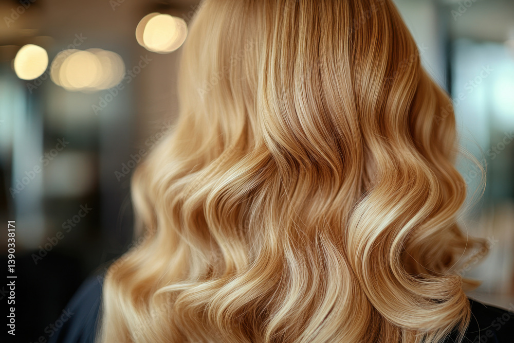 Naklejka premium Woman with long blonde hair standing by beach, gazing at sunset with waves crashing in the background.