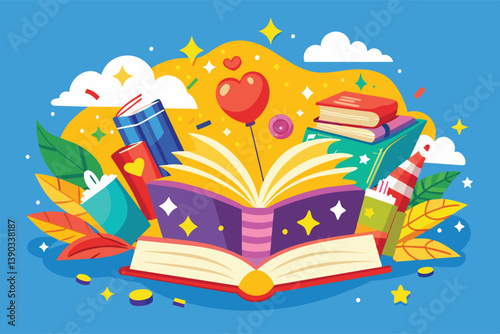 An open book with colorful illustrations and decorations, including a heart balloon, clouds, and stars.