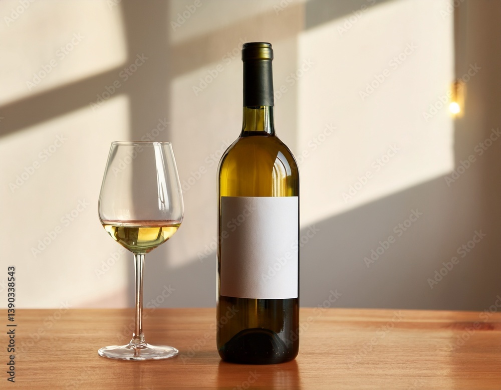 Elegant wine bottle mockup with blank label on a wooden table next to an empty glass of wine Elegant wine bottle mockup with blank label on a wooden table next to an empty glass of wine