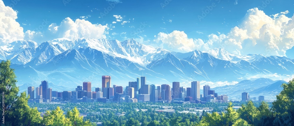 Denver skyline with majestic mountains in the background denver skyline mountains colorado cityscape Horizon Illustration