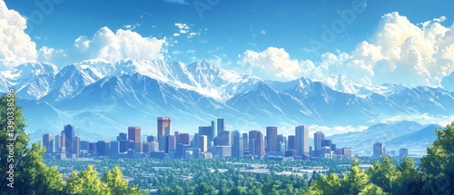 Obraz na płótnie Denver skyline with majestic mountains in the background denver skyline mountains colorado cityscape Horizon Illustration w salonie