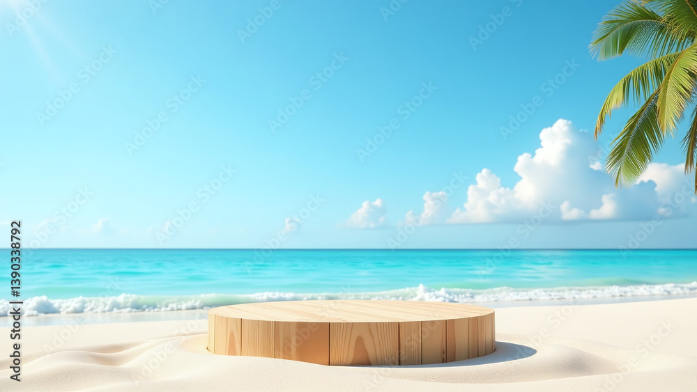 Obraz premium wooden empty podium displays luxury summer products beautiful beach clear blue
